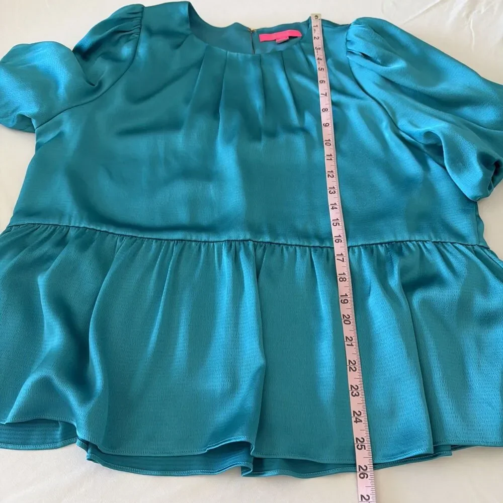 Lilly Pulitzer Peplum Top Sz 16 Blakelynn Blue Rhapsody Teal Flowy Ruffle Satin